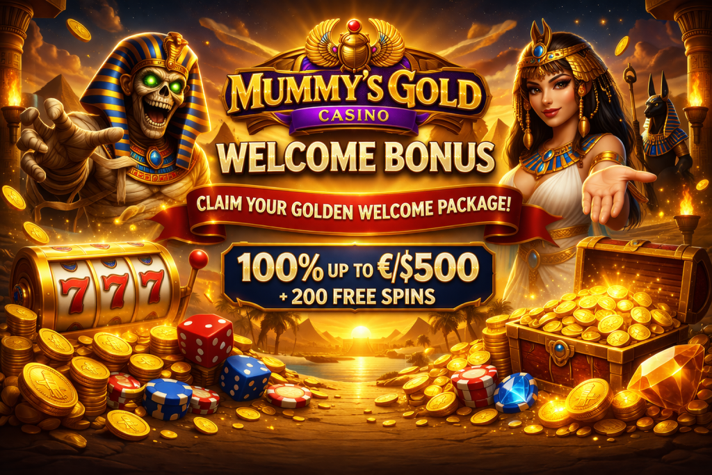 Mummys Gold Casino welcome bonus banner with Egyptian theme, golden coins, slot machine, and players receiving free spins and deposit match offer