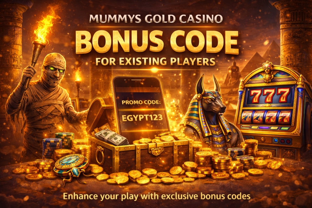 Ancient Egyptian casino scene with mummy, gold coins, slot machine and smartphone displaying bonus code for existing players