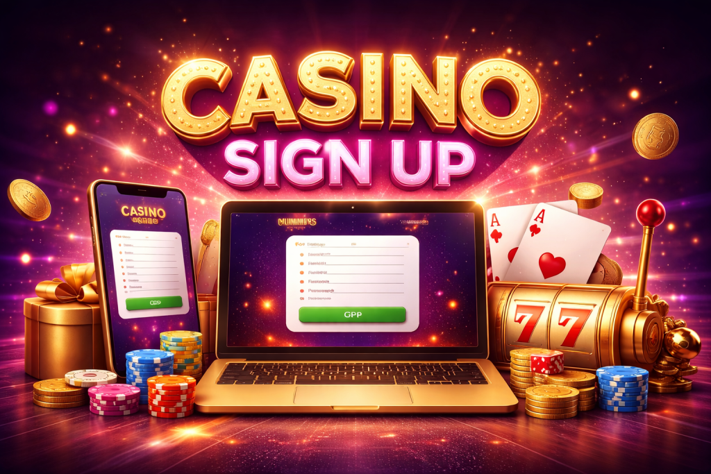 Casino sign-up banner with glowing gold and pink text, laptop and mobile registration screens, poker chips, coins, playing cards, and slot machine elements on a vibrant neon background