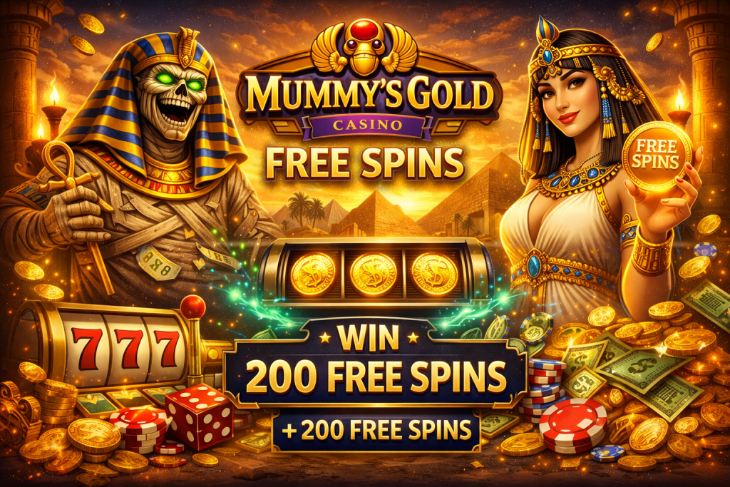 Mummys Gold Casino free spins banner with Egyptian theme, glowing coins, slot machine, and players winning free spins rewards