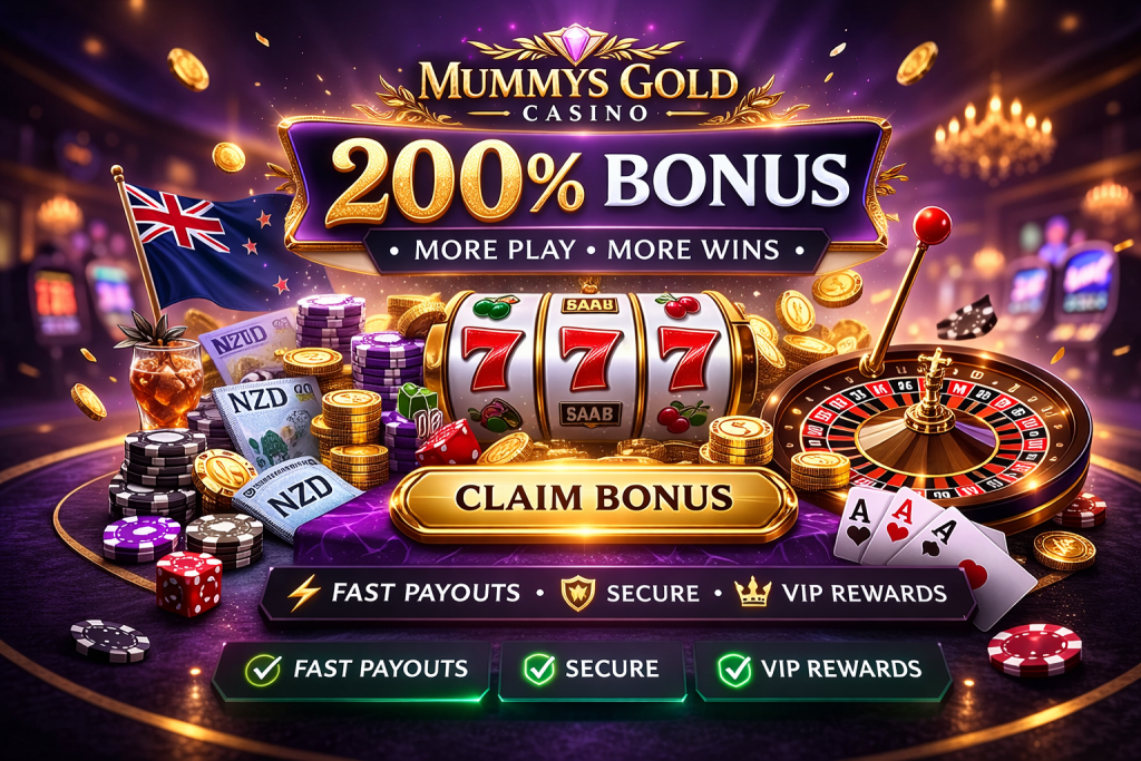 Luxury casino bonus banner featuring 200% welcome offer, gold coins, slot machine, roulette wheel and NZD currency elements in a premium purple and gold design