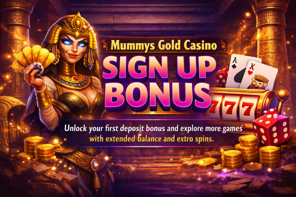 Mummys Gold Casino sign up bonus banner with Egyptian theme, slot machine, playing cards, dice and gold coins