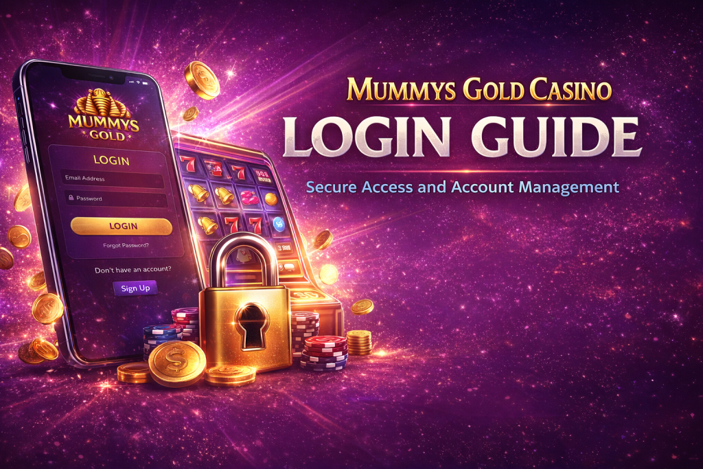Mummys Gold Casino login guide banner with mobile login screen, slot machine, coins, and security lock on a purple background
