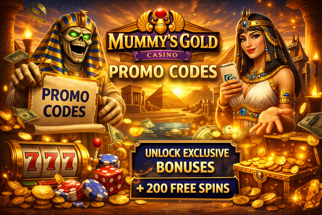 Mummys Gold Casino promo codes banner with Egyptian theme, glowing coins, slot machine, and players unlocking bonuses with free spins offers