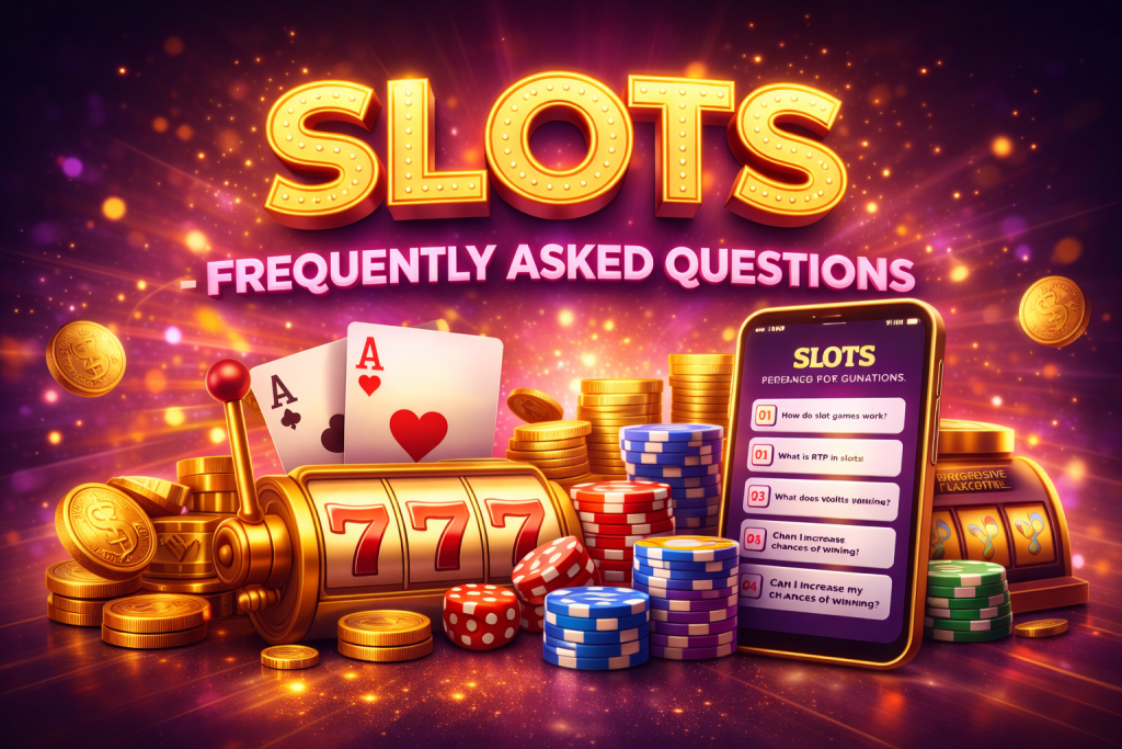 Horizontal casino banner with glowing “Slots” title, slot machine showing 777, poker chips, coins, playing cards, and a mobile screen with slot FAQ on a vibrant neon background