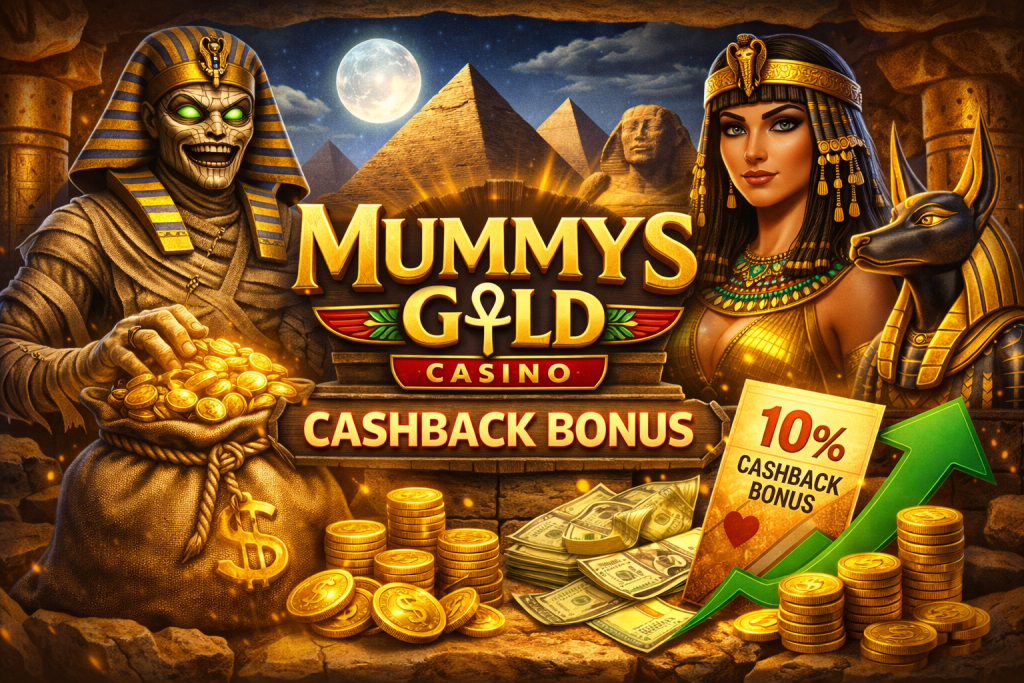 Mummys Gold Casino cashback bonus banner with Egyptian theme, featuring a mummy, Cleopatra, gold coins, pyramids, and a 10% cashback offer indicator
