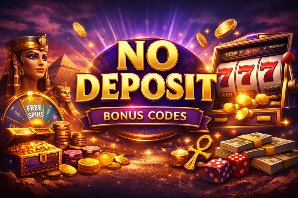Mummys Gold Casino no deposit bonus codes banner with Egyptian theme, slot machine, gold coins and free spins wheel