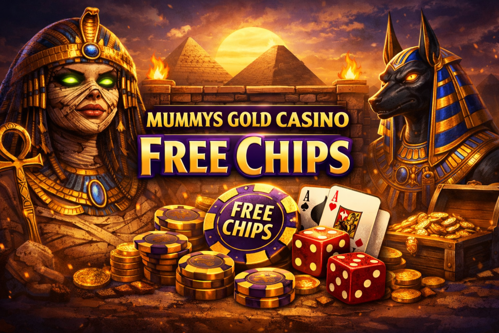 Mummys Gold Casino free chips banner with Egyptian theme, gold coins, poker chips, dice and playing cards