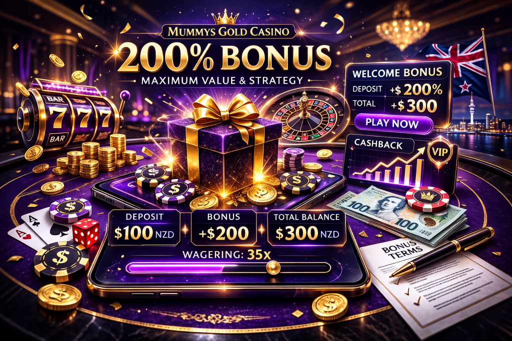 Online casino promotional image with 200% bonus offer, stacked coins, playing cards, roulette and slot machine in a modern neon-style gaming environment