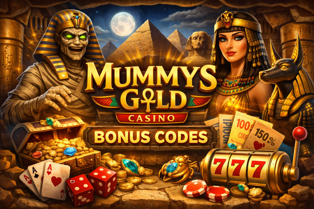 Mummys Gold Casino bonus codes banner with Egyptian theme featuring a mummy, Cleopatra, golden treasure, slot machine 777, and pyramids under moonlight
