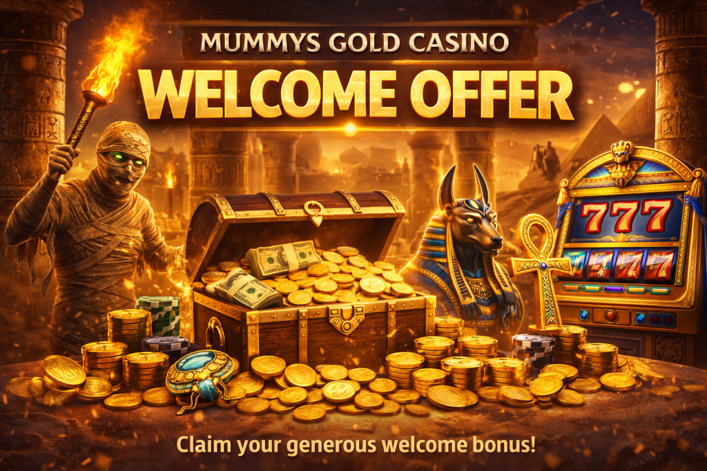 Ancient Egyptian themed casino scene with mummy, golden treasure chest, slot machine and glowing welcome bonus offer
