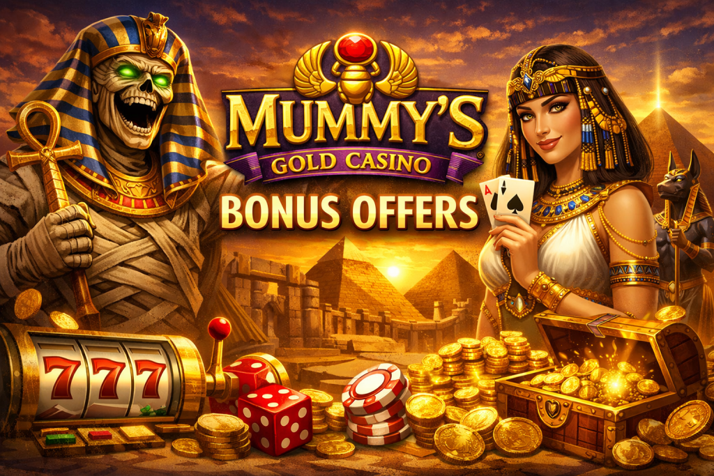 Mummys Gold Casino bonus offers banner with golden coins, slot machine elements, and luxury casino atmosphere in warm gold tones on a dark background