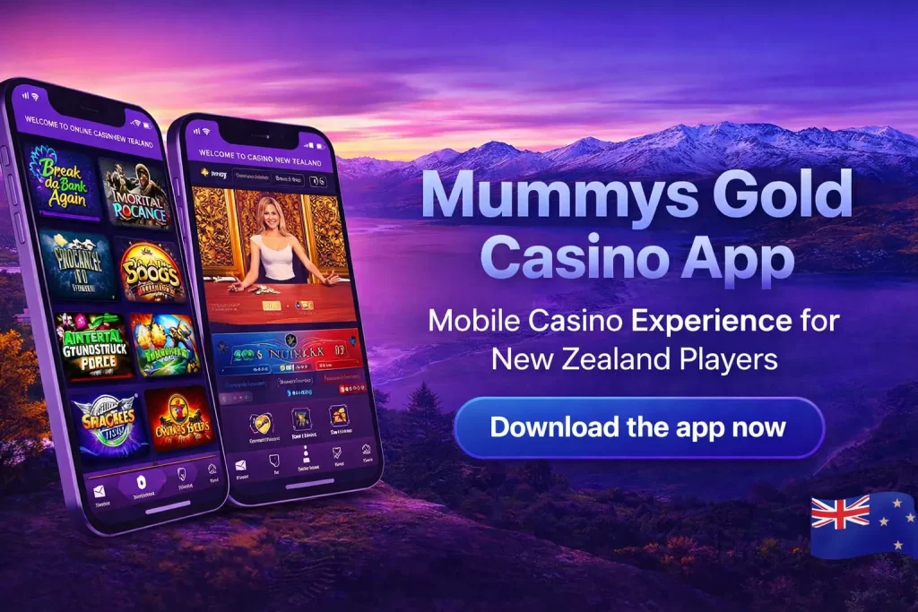Two smartphones displaying a casino app interface against a New Zealand mountain landscape at sunset, representing the Mummys Gold Casino mobile gaming experience