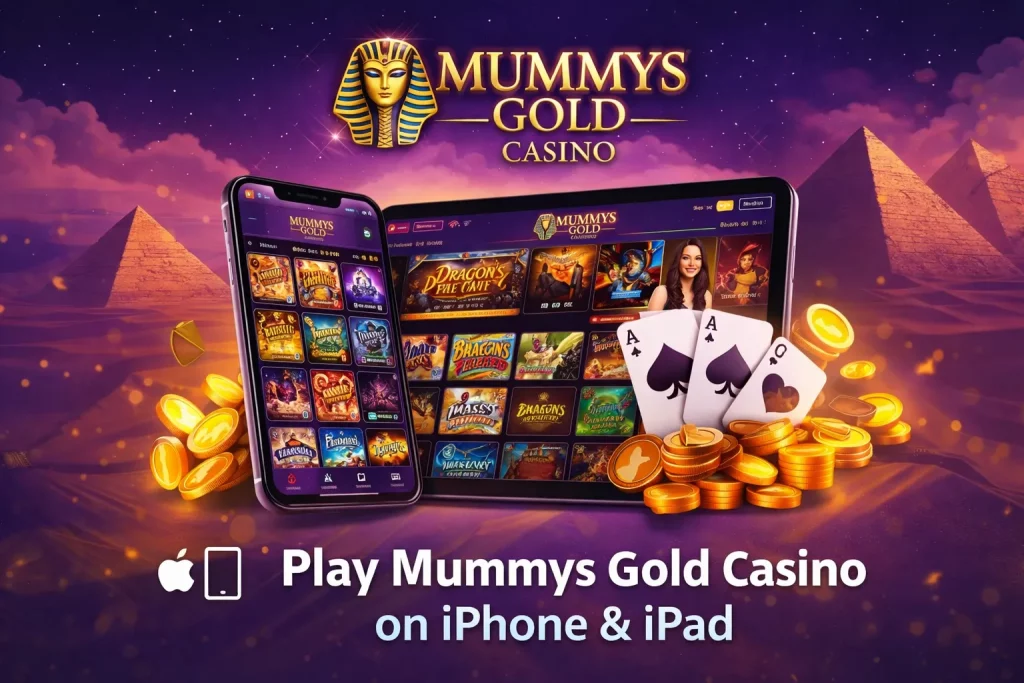 Mummys Gold Casino iOS mobile platform displayed on an iPhone with casino games, gold coins, and purple casino-themed background.