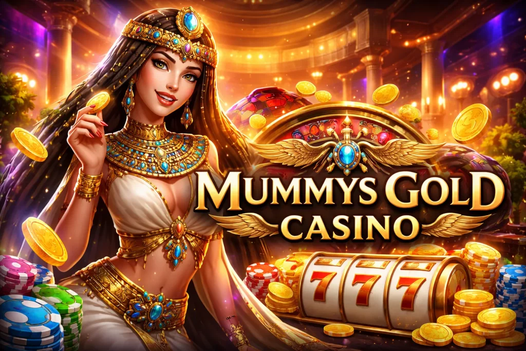 Egyptian-themed casino banner with Cleopatra-style character, gold coins, slot machine with 777 symbols, and luxurious casino background representing Mummys Gold Casino