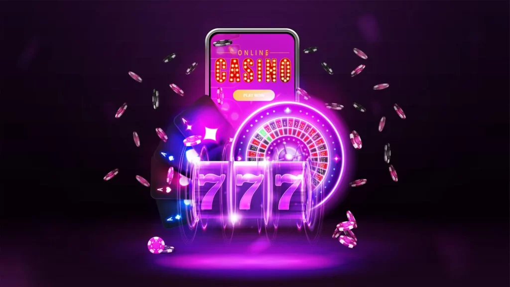 Mobile casino gaming on smartphone with glowing slot interface and neon purple background.