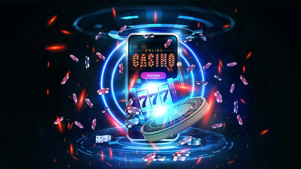 Online casino mobile gameplay concept with smartphone, casino chips and digital slot reels.