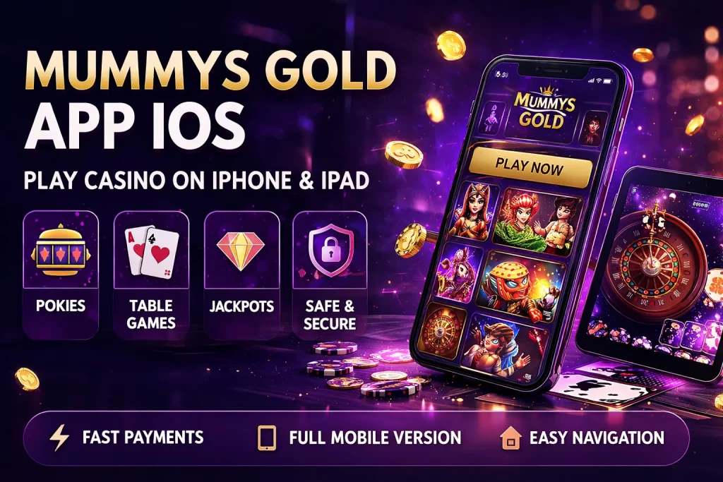Mummys Gold Casino mobile interface on iPhone and iPad with Egyptian-themed design, casino games, playing cards, and gold coins.