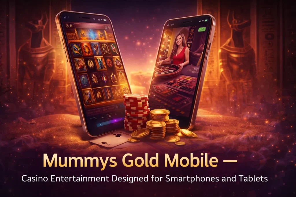 Mummys Gold mobile casino on smartphones with slot games and live roulette interface on screen against an Egyptian-themed background