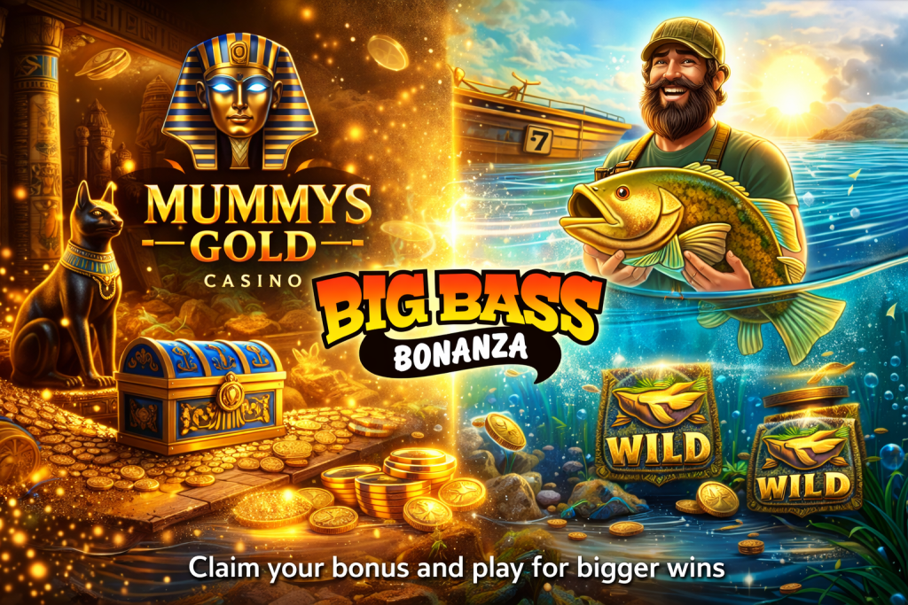 Casino banner with fisherman, big fish, gold coins, and bonus slot theme