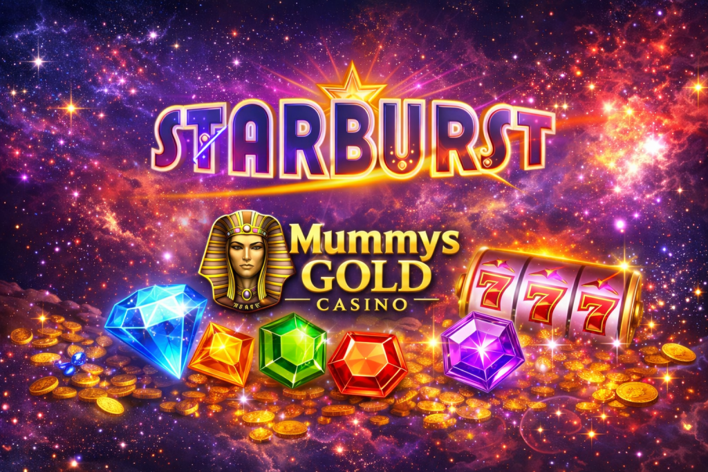 Starburst slot game banner with colorful gems and cosmic background