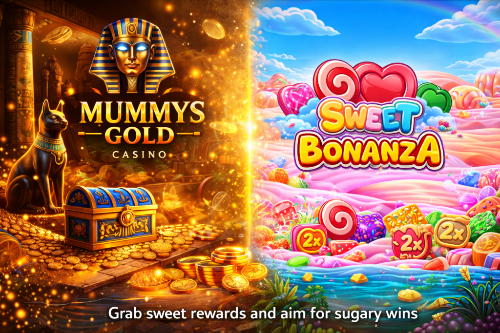 Colorful slot banner with candy theme, gold treasures, and bonus features