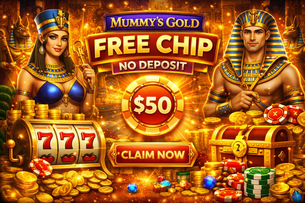 Casino free chip no deposit banner with Egyptian theme, $50 chip, slot machine and gold coins